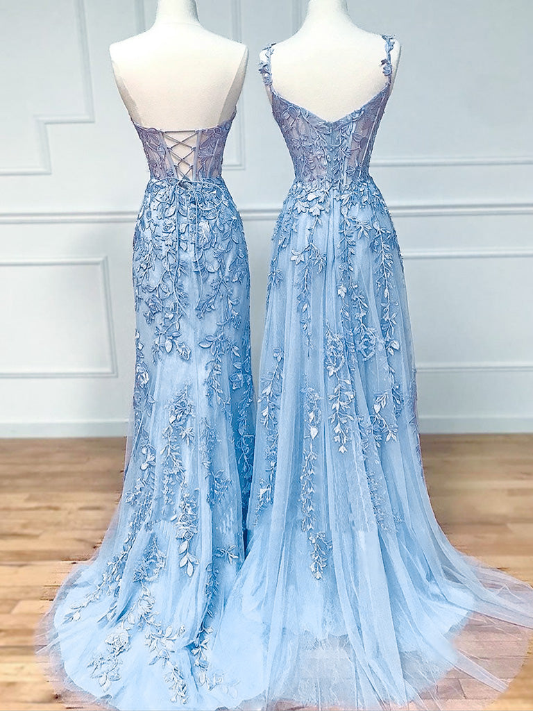 Blue Lace Tulle Long Prom Dress, Blue Lace Long Evening Dress