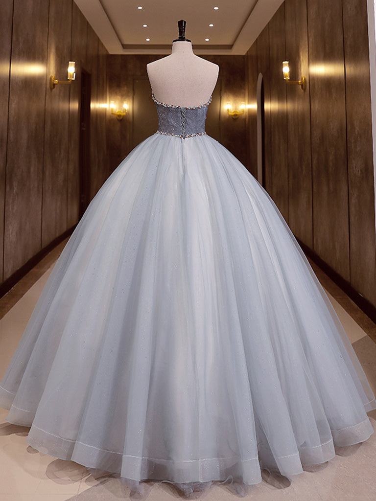 Gray Blue Tulle Long Prom Gown, Gray Blue Sweet 16 Dress