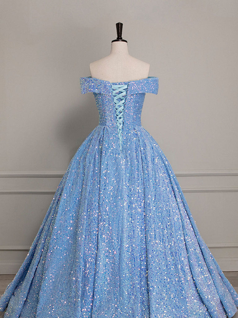 A-Line Blue Velvet Sequin Long Prom Dress, Blue Formal Dress