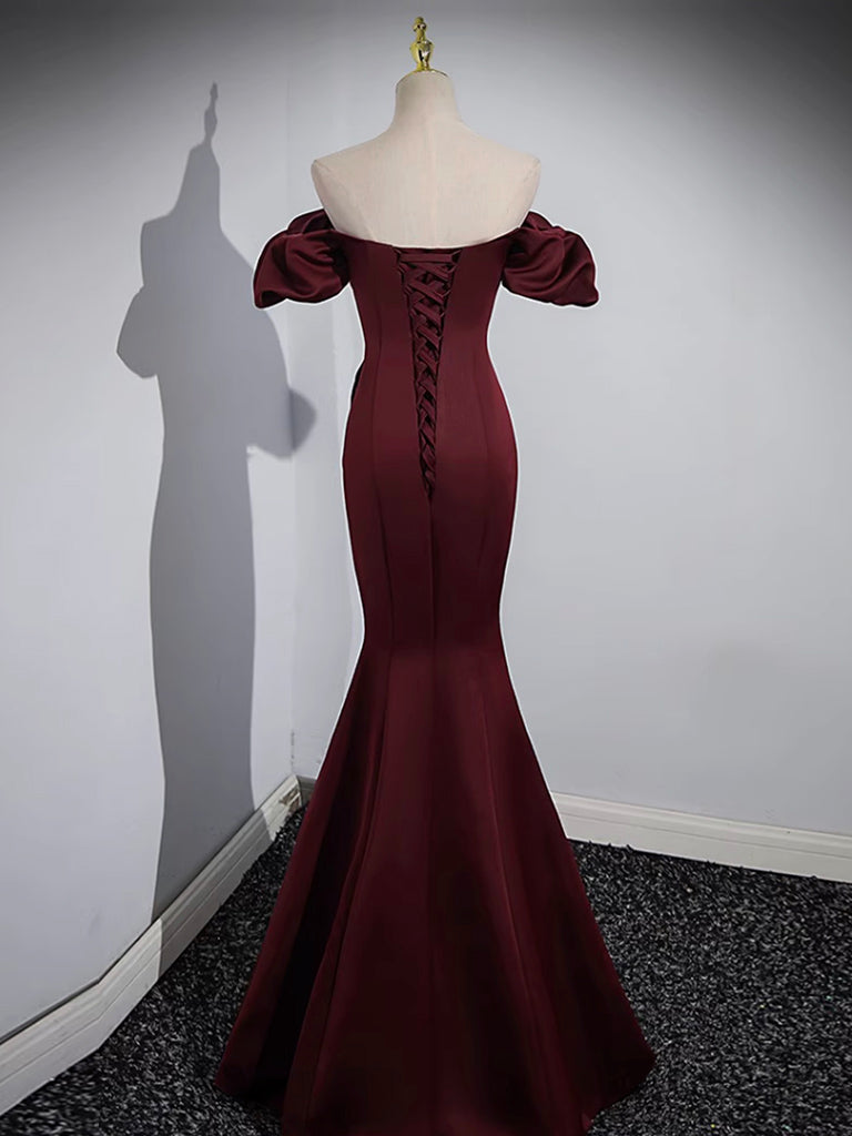 Burgundy Mermaid Satin Long Prom Dress, Burgundy Formal Evening Dress
