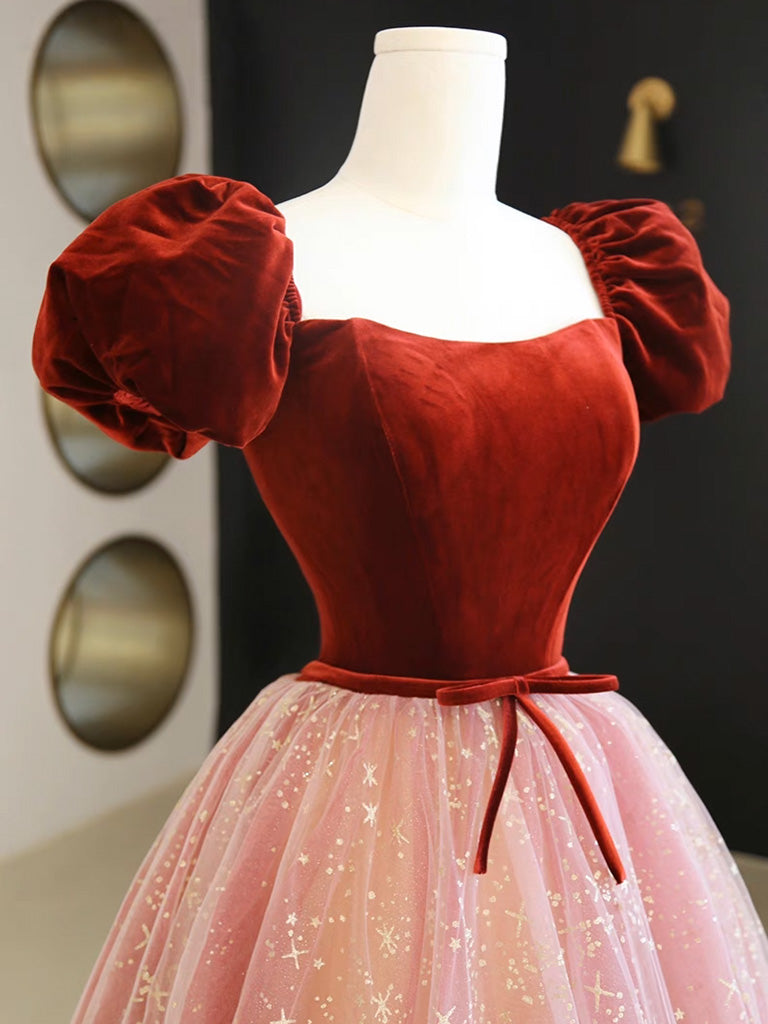 A-Line Pink Tulle Velvet Long Prom Dress, Pink Tulle Formal Dress