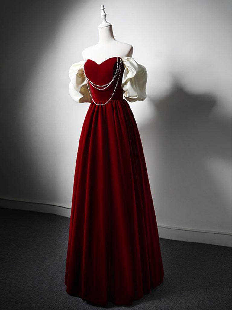 A-Line Sweetheart Neck Burgundy Long Prom Dress, Velvet Burgundy Long Formal Dress