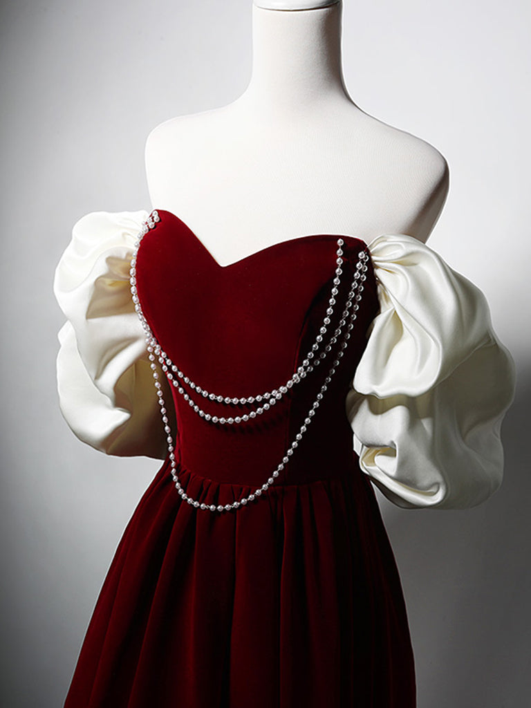 A-Line Sweetheart Neck Burgundy Long Prom Dress, Velvet Burgundy Long Formal Dress