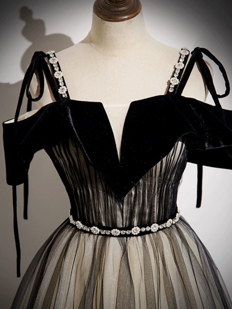 A-Line Off Shoulder Tulle Black Long Prom Dress, Black Formal Dress