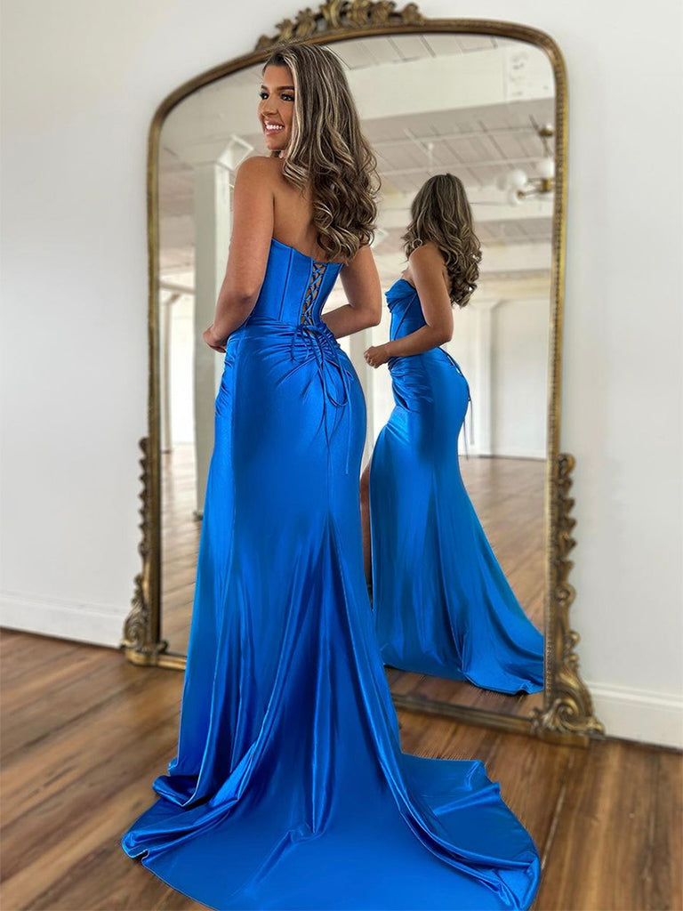 Blue Sweetheart Neck Satin Long Prom Dress, Mermaid Long Evening Dress