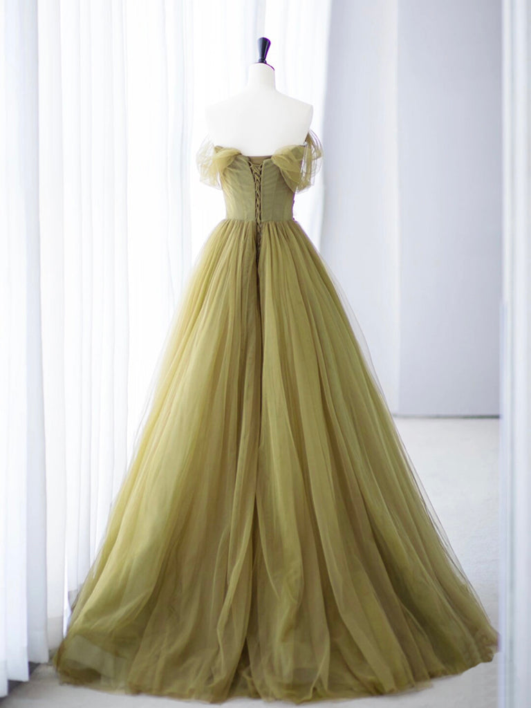 A-Line Off Shoulder Green Flower Tulle Long Prom Dress, Green Long Formal Dress