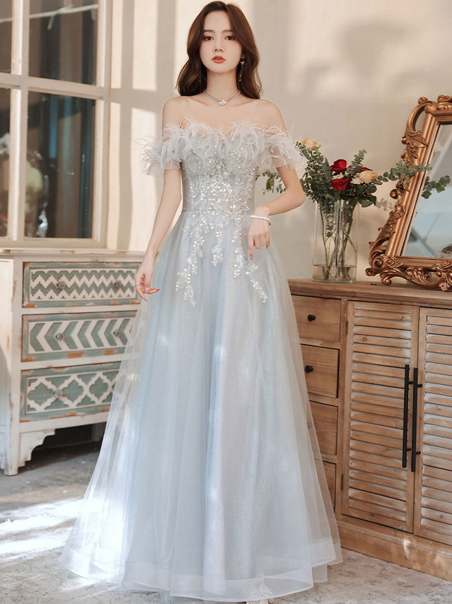 Aline Gray Long Prom Dresses, Gray Formal Graduation with Sequin Beadi –  24prom
