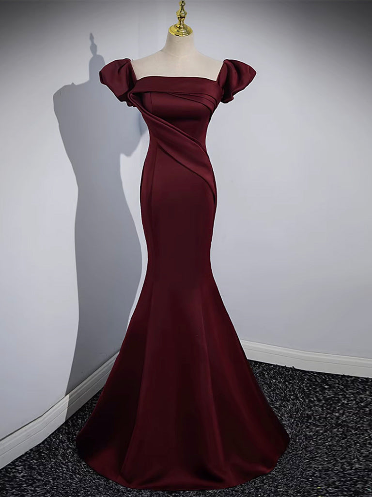 Burgundy Mermaid Satin Long Prom Dress, Burgundy Formal Evening Dress