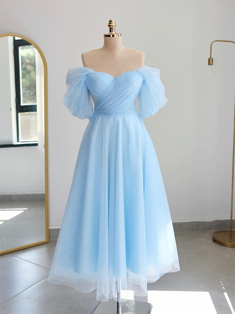 A-Line Off Shoulder Tea Length Blue Prom Dress, Blue Tulle Formal Dress