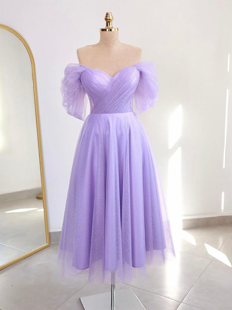 A-Line Off Shoulder Tea Length Blue Prom Dress, Blue Tulle Formal Dress