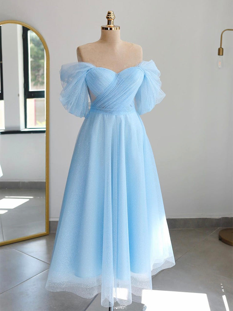 A-Line Off Shoulder Tea Length Blue Prom Dress, Blue Tulle Formal Dress