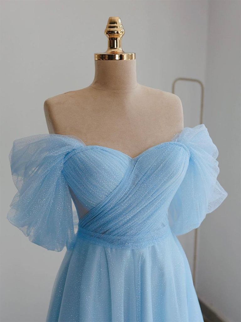 A-Line Off Shoulder Tea Length Blue Prom Dress, Blue Tulle Formal Dress