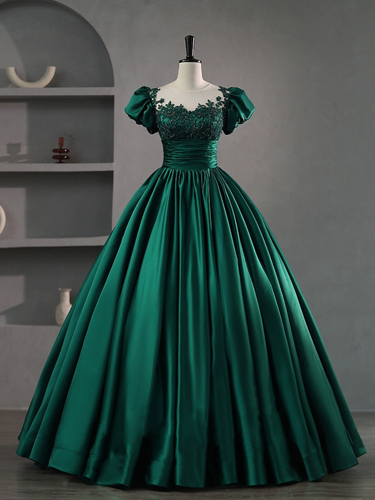 A-Line Scoop Neckline Green Lace Long Prom Dress, Green Lace Formal Dress
