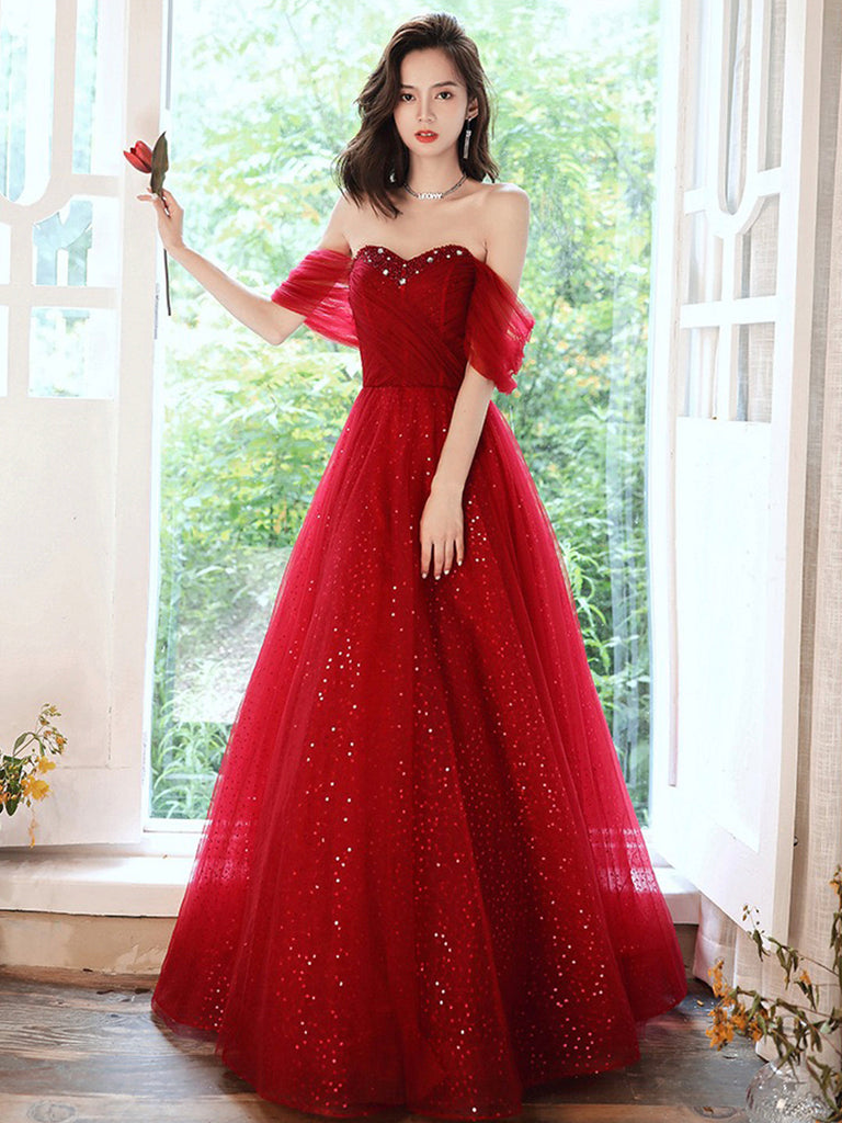 A-Line Off Shoulder Tulle Burgundy Long Prom Dress, Burgundy Long Form 24prom A-Line Off Shoulder Tulle Burgundy Long Prom Dress, Burgundy Long Form 24prom