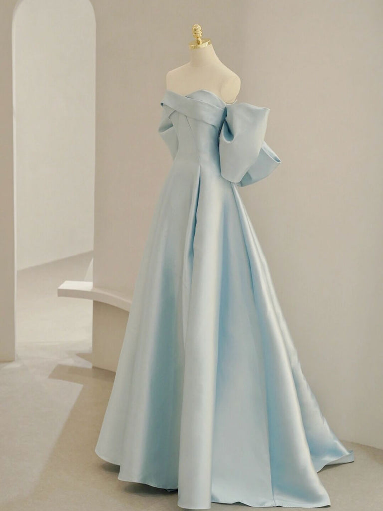 A-line Blue Satin Long Prom Dress, Blue Formal Evening Dress
