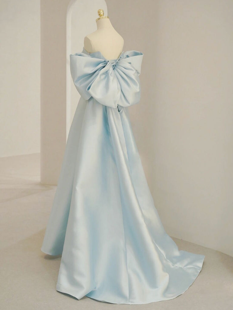 A-line Blue Satin Long Prom Dress, Blue Formal Evening Dress