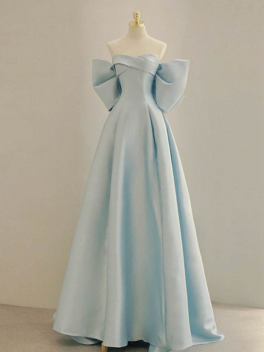 A-line Blue Satin Long Prom Dress, Blue Formal Evening Dress – 24prom