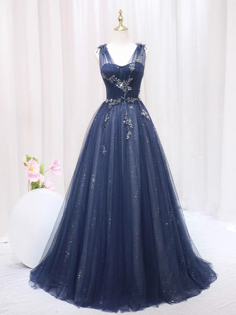 A-Line Dark Blue Tulle Lace Long Prom Dress, Dark Blue Tulle Long Evening Dress