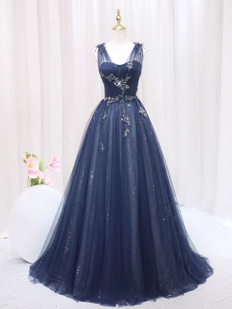 A-Line Dark Blue Tulle Lace Long Prom Dress, Dark Blue Tulle Long Even 24prom A-Line Dark Blue Tulle Lace Long Prom Dress, Dark Blue Tulle Long Even 24prom
