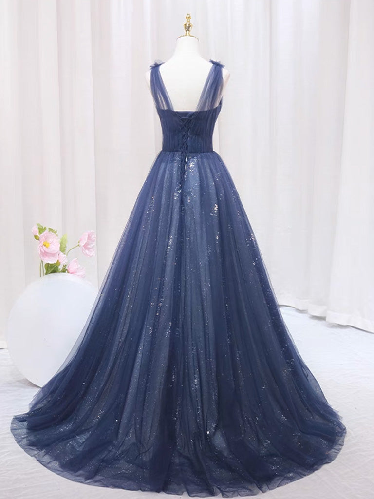 A-Line Dark Blue Tulle Lace Long Prom Dress, Dark Blue Tulle Long Evening Dress
