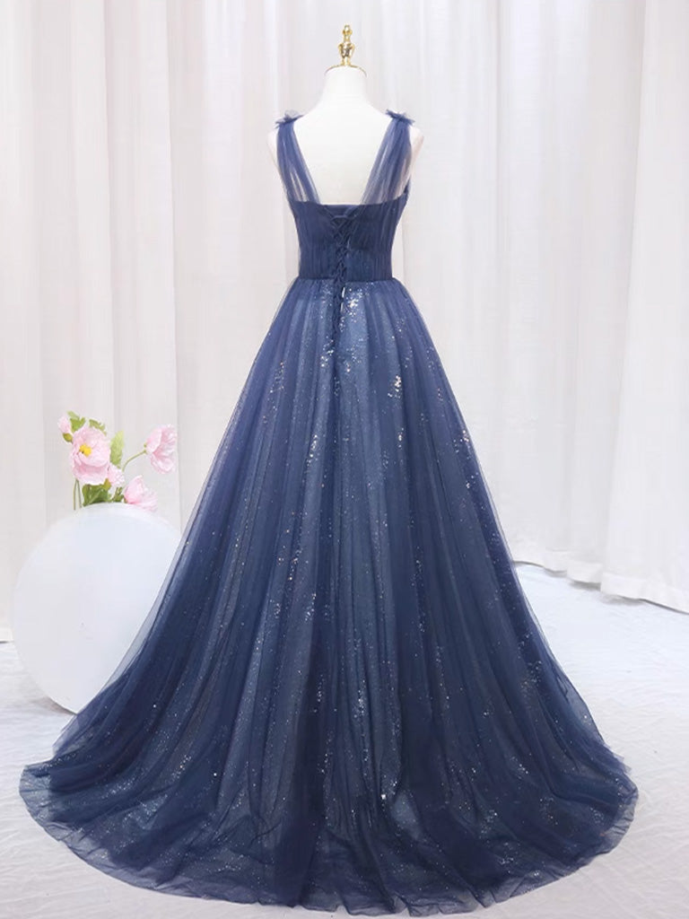 A-Line Dark Blue Tulle Lace Long Prom Dress, Dark Blue Tulle Long Even   24prom