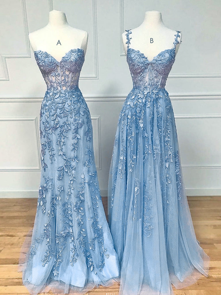 Blue Lace Tulle Long Prom Dress, Blue Lace Long Evening Dress