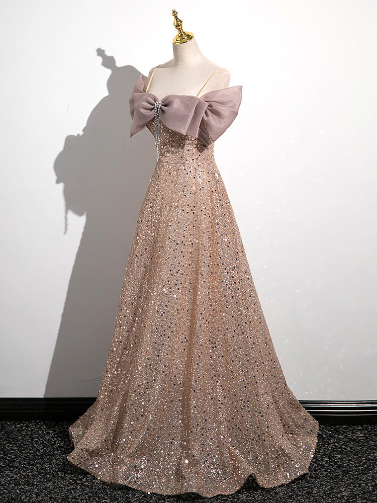 Champagne A-Line Velvet Sequin Long Prom Dress, Champagne Formal Evening Dress