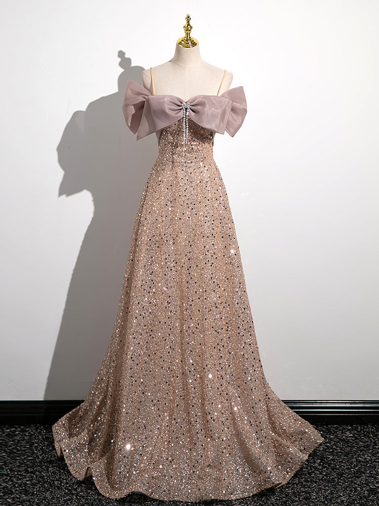 Champagne A-Line Velvet Sequin Long Prom Dress, Champagne Formal Evening Dress