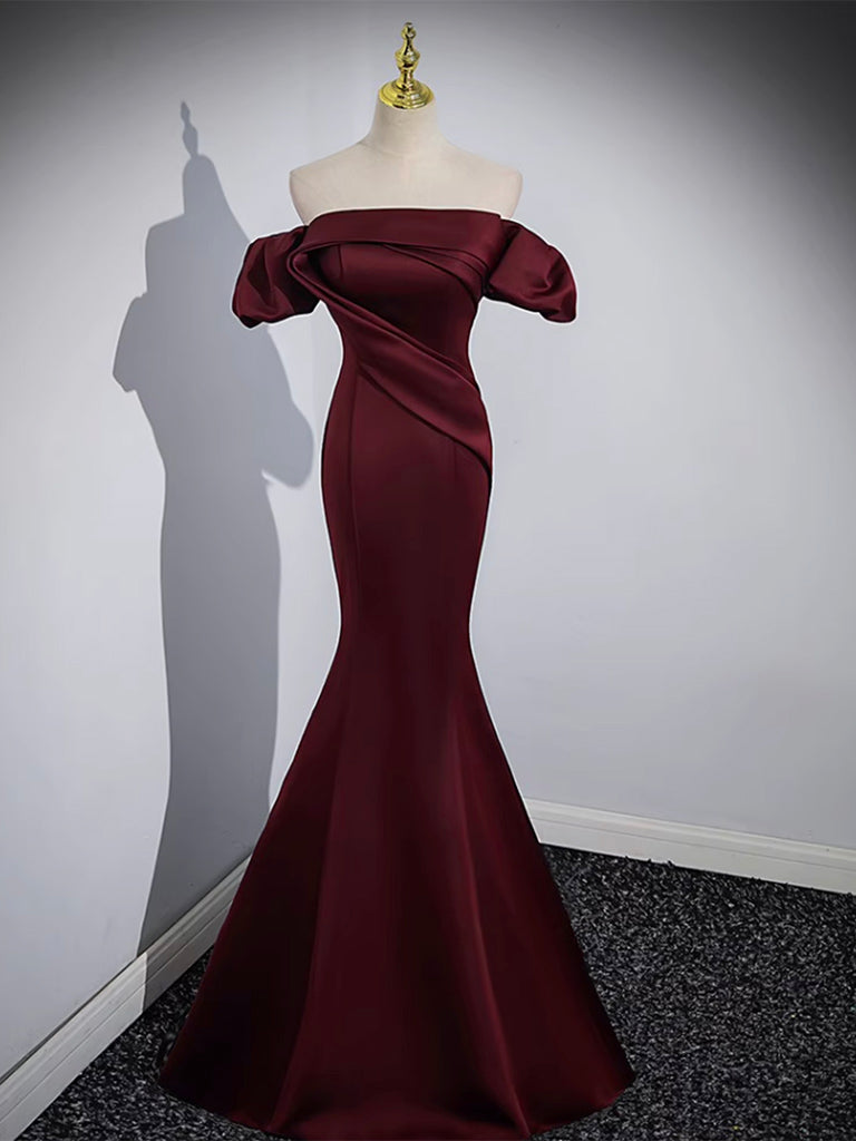 Burgundy Mermaid Satin Long Prom Dress, Burgundy Formal Evening Dress