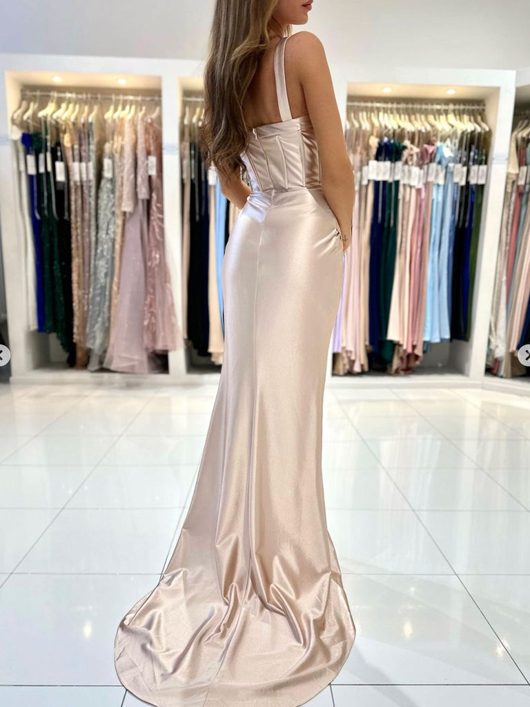Champagne Mermaid Satin Long Prom Dress, Champagne Formal Dress