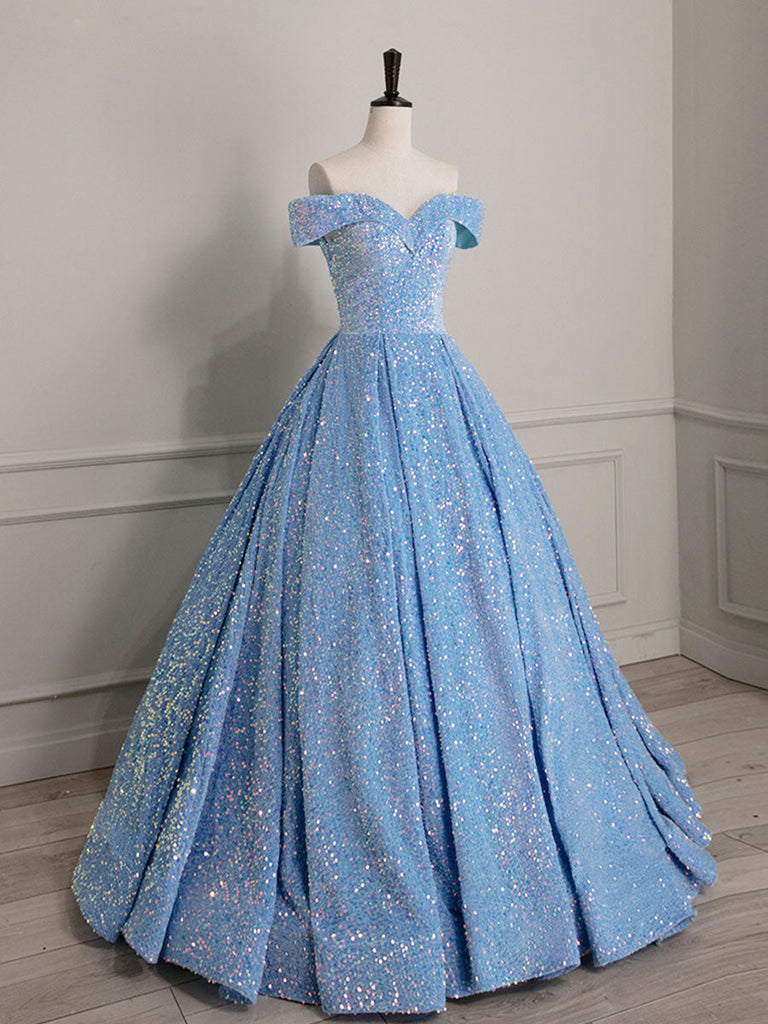 A-Line Blue Velvet Sequin Long Prom Dress, Blue Formal Dress