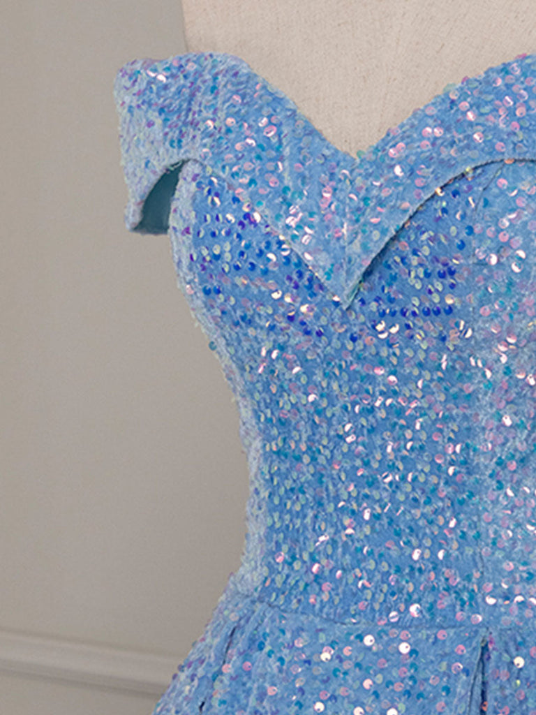 A-Line Blue Velvet Sequin Long Prom Dress, Blue Formal Dress