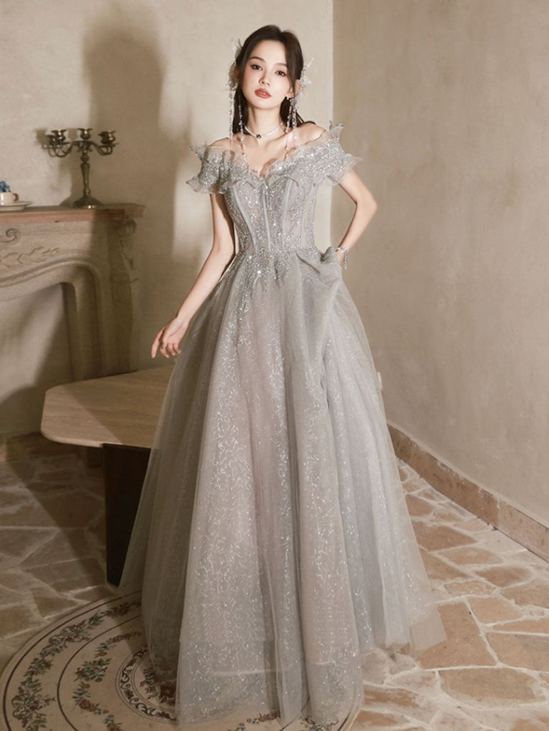 A-Line Off Shoulder Tulle Sequin Gray Long Prom Dress, Gray Formal Dre 24prom A-Line Off Shoulder Tulle Sequin Gray Long Prom Dress, Gray Formal Dre 24prom