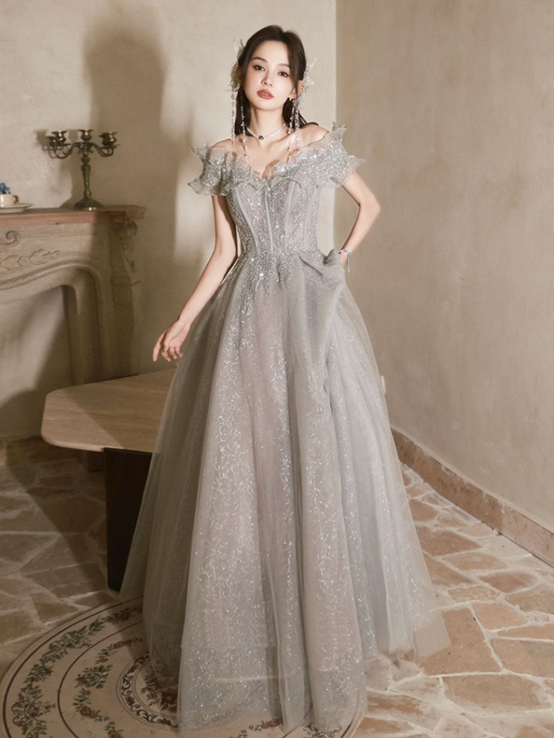 gray prom dress A-Line Off Shoulder Tulle Sequin Gray Long Prom Dress, Gray Formal Dre –  24prom