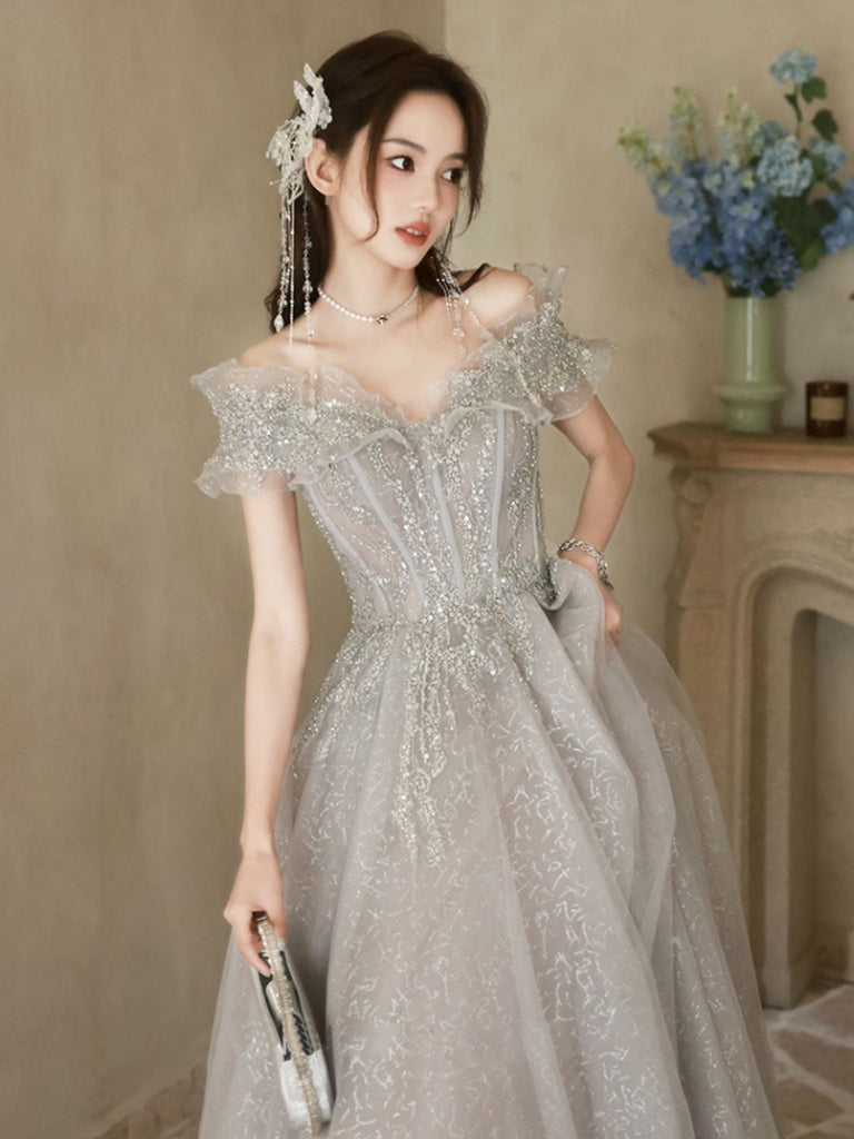 A-Line Off Shoulder Tulle Sequin Gray Long Prom Dress, Gray Formal Dress