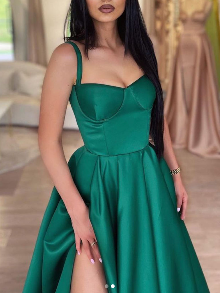 A-Line Green Satin Long Prom Dress, Green Formal Evening Dress