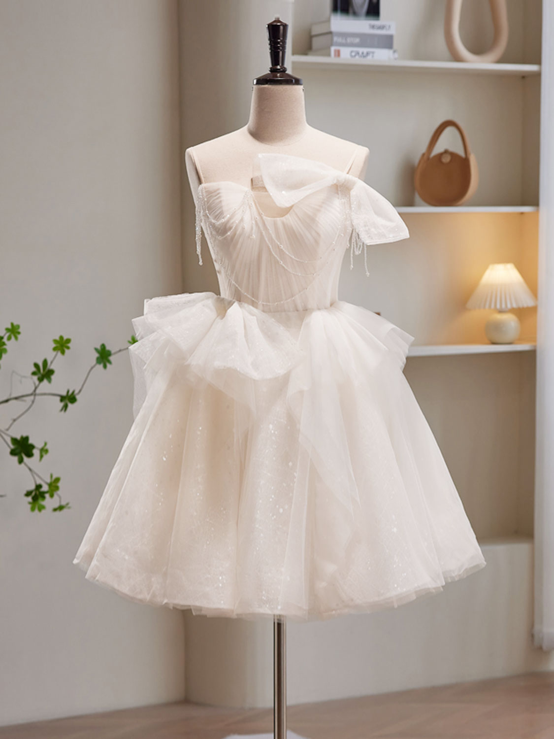 Beige Tulle Sequin Short Prom Dress, Beige Homecoming Dress – 24prom