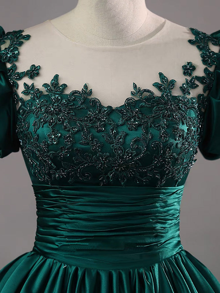 A-Line Scoop Neckline Green Lace Long Prom Dress, Green Lace Formal Dress