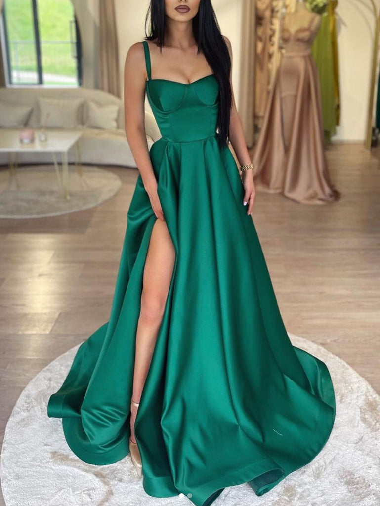 A-Line Green Satin Long Prom Dress, Green Formal Evening Dress