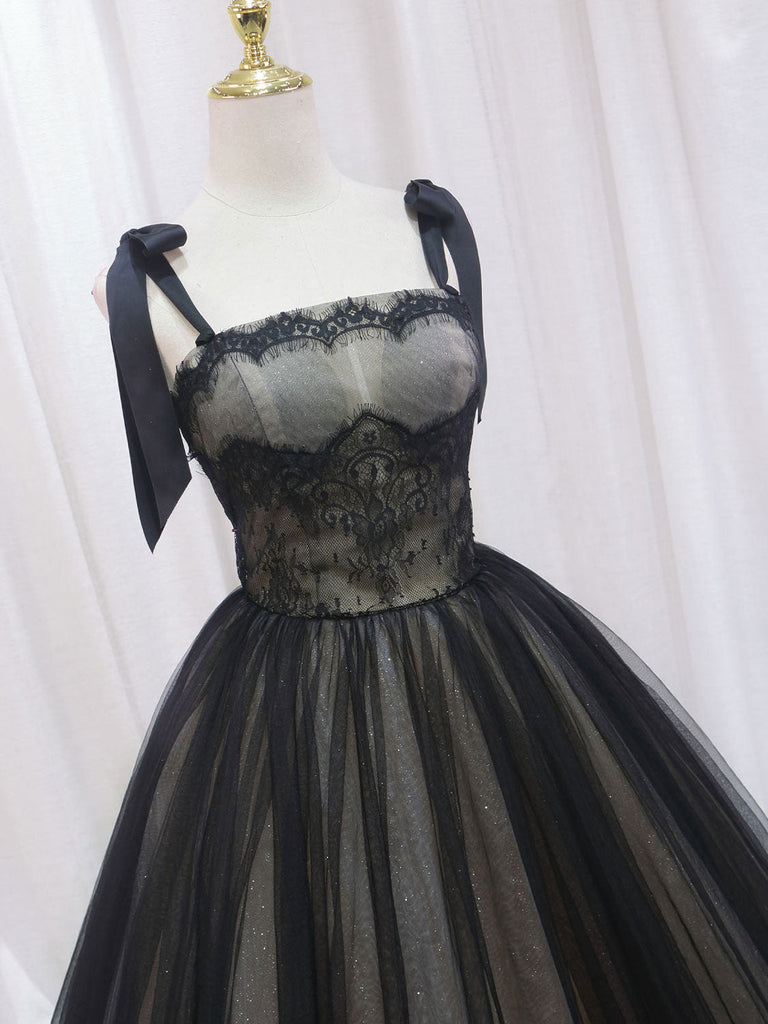 A-Line Black  Tulle Lace Long Prom Dress, Black Tulle Formal Dress