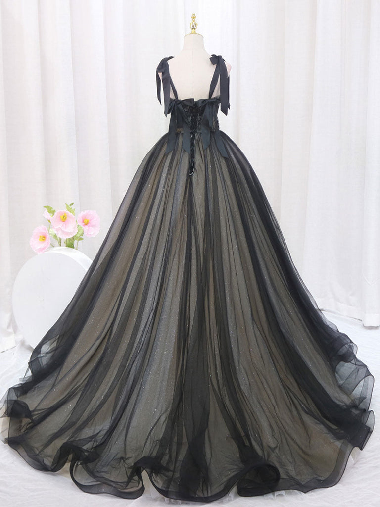 A-Line Black  Tulle Lace Long Prom Dress, Black Tulle Formal Dress