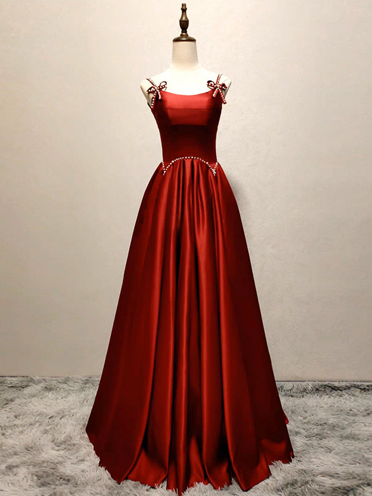 A-Line Satin Burgundy Satin Long Prom Dress, Burgundy Long Evening Dress