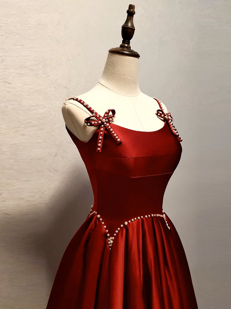 A-Line Satin Burgundy Satin Long Prom Dress, Burgundy Long Evening Dress