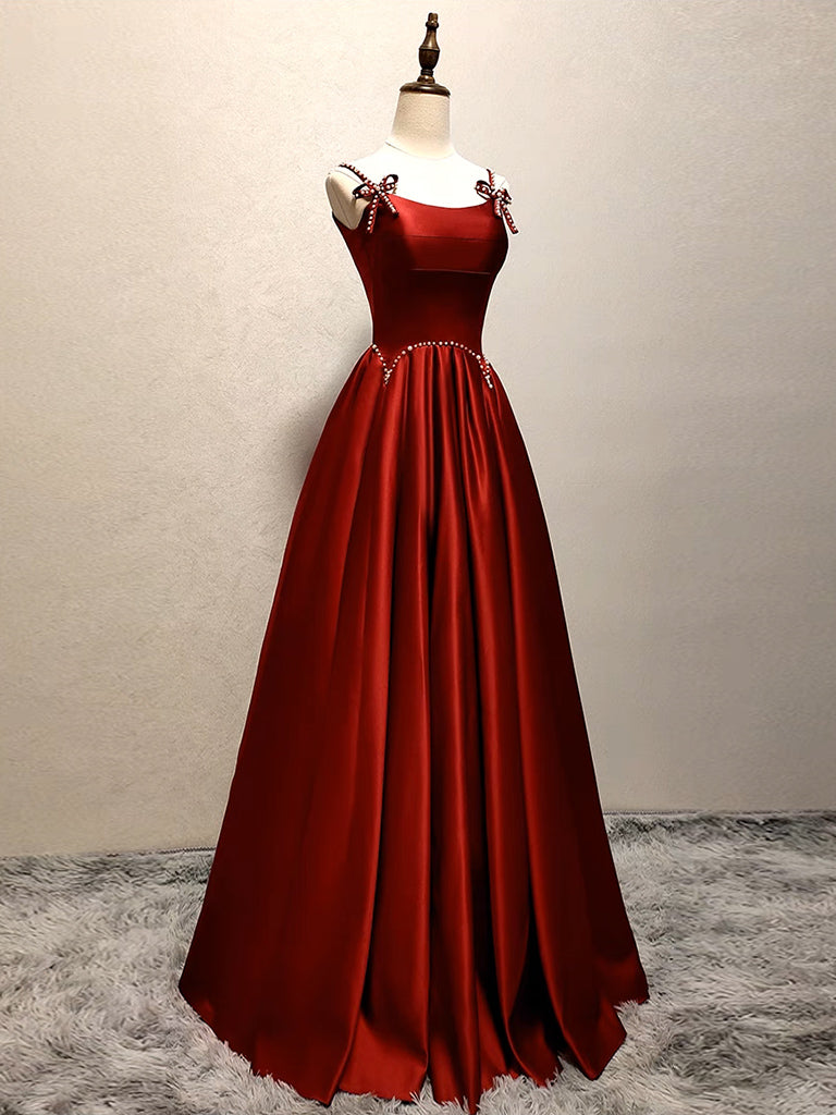 A-Line Satin Burgundy Satin Long Prom Dress, Burgundy Long Evening Dress