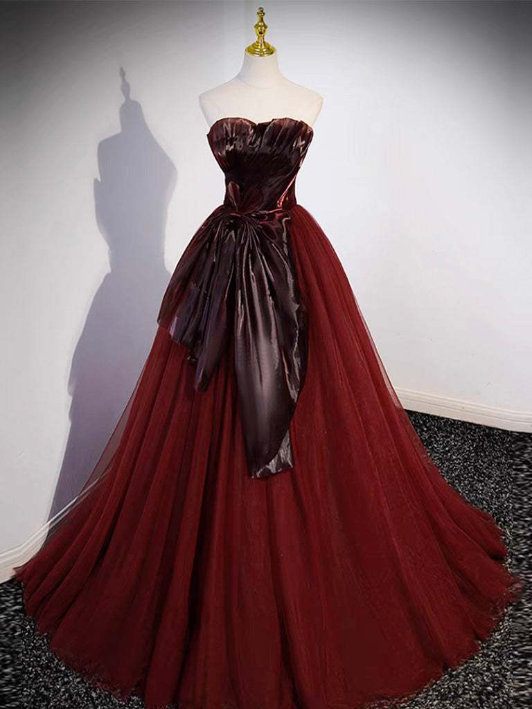 A-Line Burgundy Sweetheart Neck Long Prom Dress, Burgundy Formal Dress