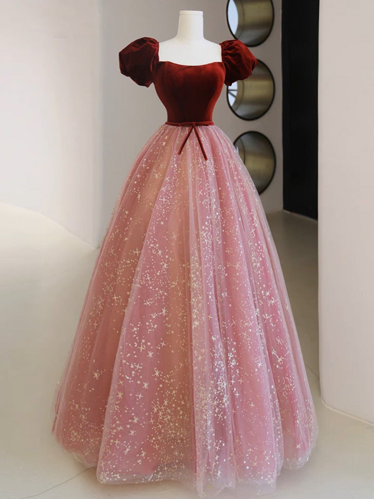 A-Line Pink Tulle Velvet Long Prom Dress, Pink Tulle Formal Dress
