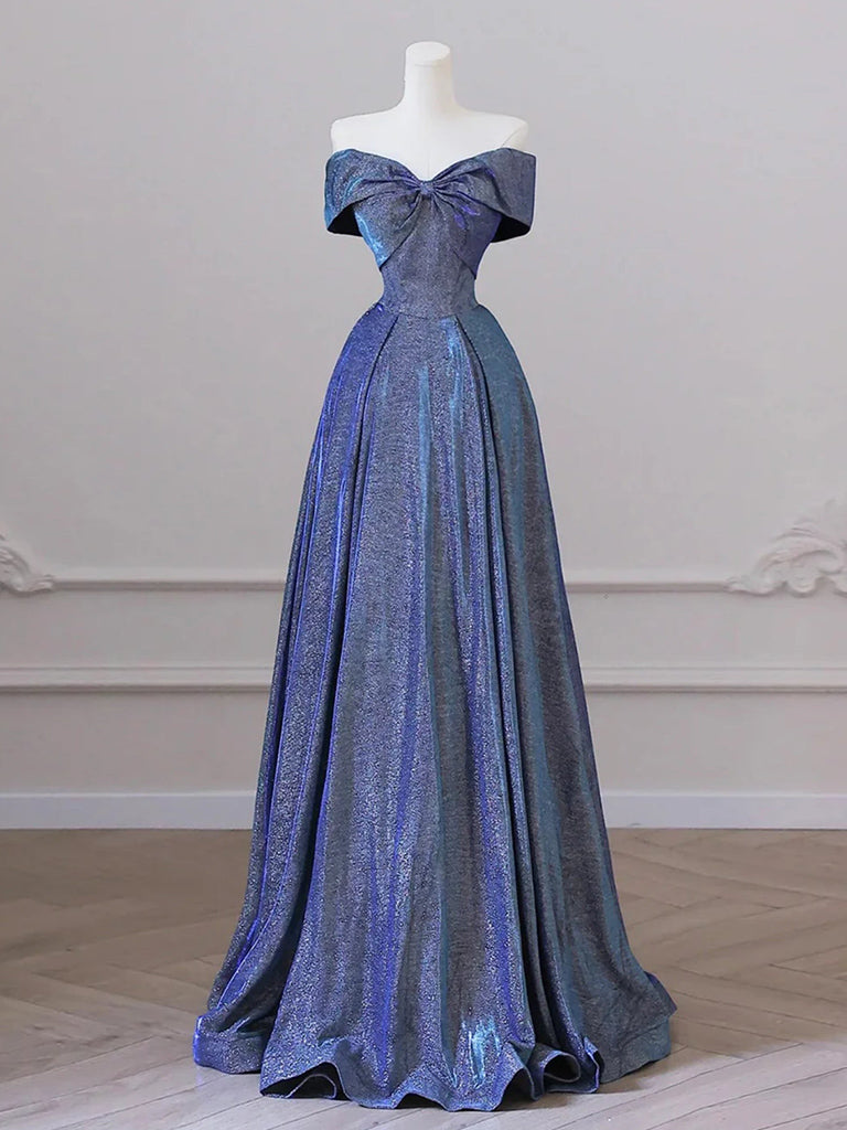 A-Line Satin Blue Long Prom Dress, Blue Long Formal Dress