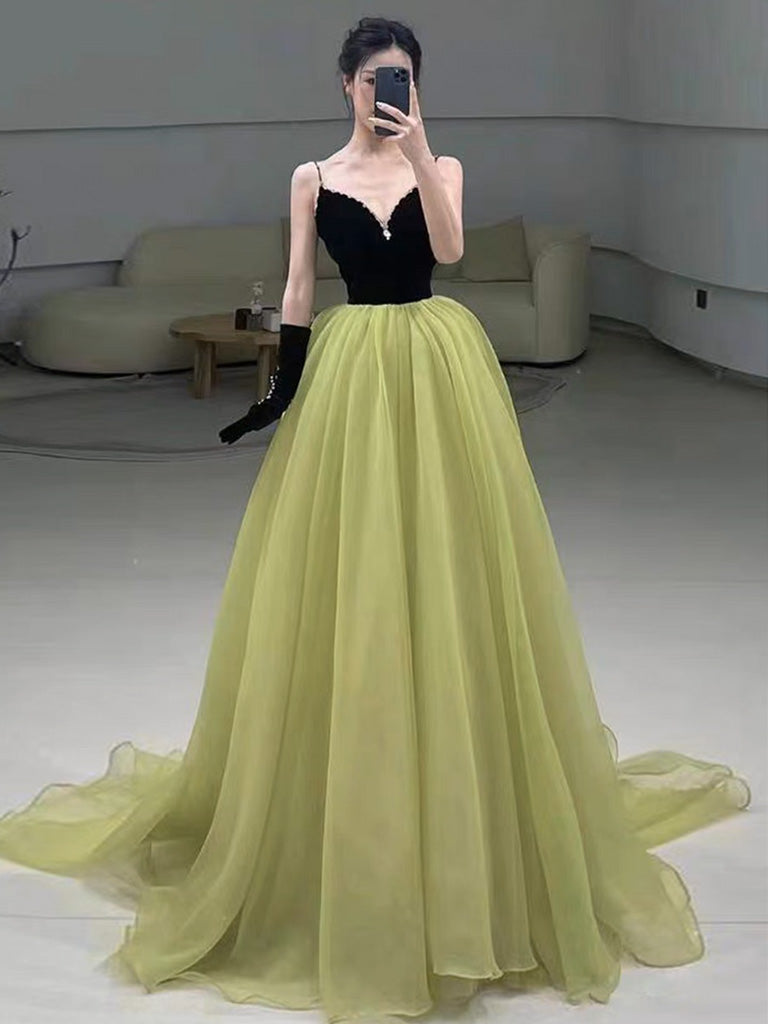 A-Line Green Tulle Long Prom Dress, Green Tulle Long Formal Dress