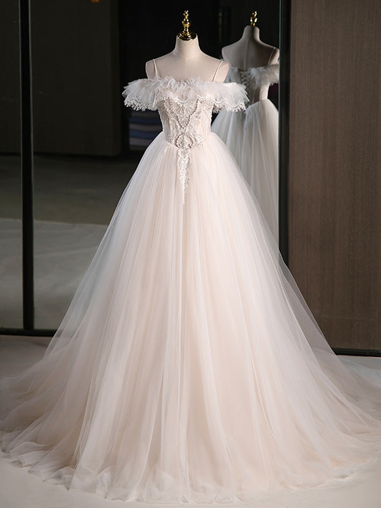 open lace back dress V Neck Champagne Tulle Lace Long Prom Dresses, Champagne Lace Formal E –  jbydress