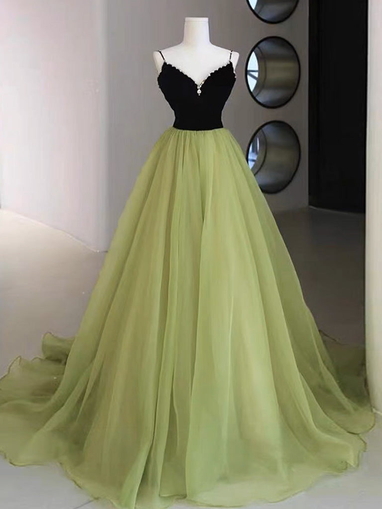 A-Line Green Tulle Long Prom Dress, Green Tulle Long Formal Dress